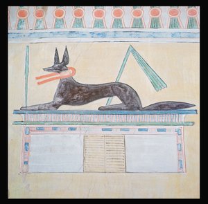 Anubis, dieu égyptien des morts, couché sur un sarcophage, peinture murale dans le Temple de la Vallée de la Pyramide de Menkaourê, Ancien Empire, c.2613-2494 av. J.-C.